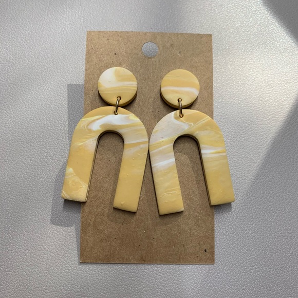 Jewelry - Mustard Yellow & White Swirl Clay Earrings